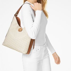 Michael Kors White and Tan MK Logo Shoulder Bag